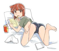  aizawa_eiko bad_id bad_pixiv_id bag barefoot brown_eyes brown_hair feet female food full_body jagariko kikiki_(hiya_mikan) long_hair looking_at_viewer looking_back lying on_stomach open_mouth panties panty_peek pillow shinryaku!_ikamusume short_hair shorts solo underwear 