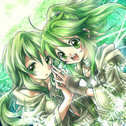  2girls caam_serenity_of_gusto collar commentary_request duel_monster gloves green_eyes green_hair hair_ornament holding_hands jewelry long_hair looking_at_viewer miesa multiple_girls open_mouth pendant photoshop_(medium) ring smile wind winda_(yu-gi-oh!) winda_priestess_of_gusto yu-gi-oh! 