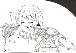  animal_ears bean_bag_chair commentary_request drooling female greyscale hat hug hug_from_behind hugging_object jagabutter monochrome mystia_lorelei mystia_lorelei_(bird) pajamas plaid_pajamas short_hair sleeping sleeping_upright snoring solo sound_effects_only touhou wings 