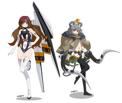  2girls absurdres animal_ears armor bare_shoulders between_breasts black_legwear boots breasts brown_hair char&#039;s_counterattack cloak closed_mouth commentary_request cosplay dual_wielding faulds flat_chest full_body funnels_(gundam) gloves gradient_hair grey_hair groin gundam gundam_sandrock gundam_wing halterneck highres hijiri_byakuren hip_bones hip_focus holding holding_sword holding_weapon jewelry leg_up leotard light_smile long_hair mecha_musume midriff miniskirt mouse_ears mouse_tail multicolored_hair multiple_girls nanaya777 navel nazrin nu_gundam parted_bangs pauldrons purple_hair red_eyes revealing_clothes scimitar shadow short_hair shoulder_armor sideboob signature simple_background skirt smile standing standing_on_one_leg sword tail thigh_boots thighhighs touhou turtleneck very_long_hair weapon white_background white_footwear white_gloves white_legwear yellow_eyes 