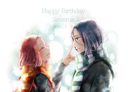  1boy 2014 black_hair closed_eyes commentary_request enpera female grey_eyes gryffindor happy_birthday harry_potter_(series) hogwarts_school_uniform jin_akhr lily_evans long_hair profile red_hair scarf school_uniform severus_snape slytherin smile snowflakes star_(symbol) wizarding_world 