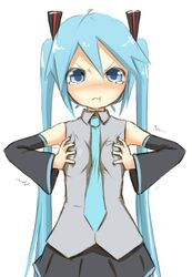  :t aqua_hair blue_eyes breasts breasts_squeezed_together commentary_request detached_sleeves female hatsune_miku ito_(itokayu) long_hair necktie small_breasts solo tears twintails very_long_hair vocaloid white_background 