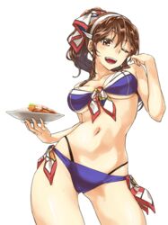  abo_(hechouchou) alpha_transparency alternate_hairstyle ashigara_(kancolle) bikini blue_bikini breasts brown_eyes brown_hair commentary_request contrapposto cowboy_shot curry curry_rice female food hairband kantai_collection katsu_curry long_hair looking_at_viewer medium_breasts navel one_eye_closed ponytail rice solo standing sweat swimsuit textless_version transparent_background 