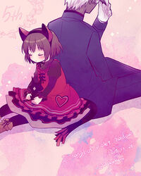  1boy a_(shiei_no_sona-nyl) animal_ears back-to-back boots brown_hair cat_ears cat_tail closed_eyes commentary_request copyright_name creature dark_skin dated dress female heart lily_(shiei_no_sona-nyl) pantyhose red_dress shiei_no_sona-nyl short_hair sitting steampunk_(liarsoft) tail tsuyuka_(sunny_spot) twitter_username white_hair 