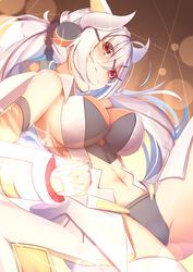  bare_shoulders black_panties black_scrunchie blush breasts closed_mouth commentary_request cosplay curled_horns female gloves glowing glowing_hand hair_between_eyes hair_ornament hair_scrunchie hairclip head_tilt highres horns large_breasts long_hair looking_at_viewer navel original panties red_eyes scrunchie senki_zesshou_symphogear solo tachibana_hibiki_(symphogear) tachibana_hibiki_(symphogear)_(cosplay) tatapopo underwear very_long_hair white_gloves white_hair 