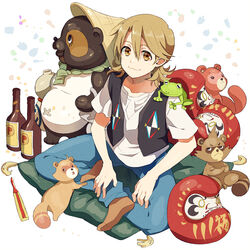  1boy :3 animal animal_on_shoulder bad_id bad_pixiv_id bottle brown_eyes brown_hair daruma_doll folding_fan frog hand_fan houhou_(black_lack) indian_style male_focus mother_(uchouten_kazoku) pillow shimogamo_yaichirou shimogamo_yajirou shimogamo_yasaburou shimogamo_yashirou sitting smile statue tanuki uchouten_kazoku 