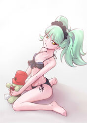  biburi_(precure) bikini black_bikini black_hairband blunt_bangs breasts closed_mouth commentary_request doll feet female frilled_hairband frills gradient_background green_hair grey_background hairband hat highres kirakira_precure_a_la_mode light_green_hair ogry_ching precure red_hat short_hair side-tie_bikini_bottom sitting small_breasts soles solo star_(symbol) swimsuit twintails wariza white_background yellow_eyes 