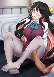  arm_support bed black_hair blue_bow blue_eyes blurry blush bow breasts commentary_request dark-skinned_male dark_skin depth_of_field female front-seamed_legwear gradient_eyes grey_legwear hairbow hand_on_another&#039;s_calf hand_on_another&#039;s_leg highres huge_breasts indoors kantai_collection kashiwamochi_(kashiwakashiwa) leg_grab long_hair looking_at_viewer multicolored_eyes multicolored_hair naganami_(kancolle) no_shoes oerba_yun_fang on_floor panties pantyhose pantyshot pink_hair seamed_legwear sitting smile solo_focus thighs two-tone_hair underwear very_long_hair vest wavy_hair yellow_bow yellow_eyes 