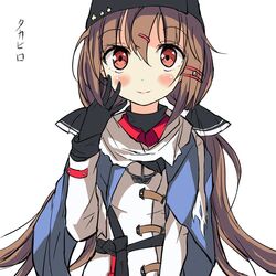  belt black_gloves blue_shawl blush brown_hair commentary_request female fur_hat gloves hair_between_eyes hair_ornament hairclip hand_up hat jacket kantai_collection long_hair long_sleeves looking_at_viewer low_twintails one-hour_drawing_challenge papakha red_eyes red_shirt shawl shirt simple_background smile solo star_(symbol) takahiro_(rikky) tashkent_(kancolle) twintails twitter_username white_background white_jacket 