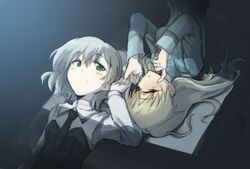  2girls blonde_hair commentary_request couple eila_ilmatar_juutilainen green_eyes grey_hair highres lying makaze_(t-junction) multiple_girls necktie on_back pinky_swear purple_eyes sanya_v._litvyak smile strike_witches upside-down world_witches_series yuri 