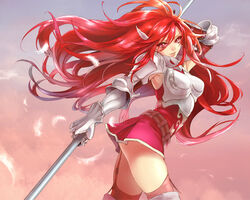  armor armored_dress armpits belt boobplate breastplate commentary_request cordelia_(fire_emblem) feathers female fire_emblem fire_emblem_awakening floating_hair garter_straps gauntlets gloves hair_between_eyes hanzoumon_(purinn1014) long_hair looking_at_viewer parted_lips polearm red_eyes red_hair red_thighhighs revision skirt skirt_set smile solo spear thighhighs very_long_hair weapon wind 