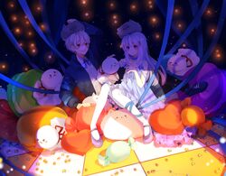  barefoot blue_eyes bow choker crossover dress gochuumon_wa_usagi_desu_ka? hat headdress kafuu_chino long_hair mafumafu male nico_nico_singer red_eyes ribbons short_hair stars tagme_(artist) tippy_(gochuumon_wa_usagi_desu_ka?) white_hair 