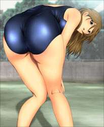  ass bare_shoulders bent_over black_eyes blush brown_hair character_request female from_behind highres k-on! legs long_hair looking_at_viewer open_mouth shadow solo source_request sweat swimsuit tachibana_himeko thighs yadokari_genpachirou 