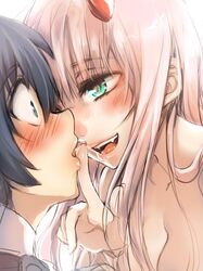  1boy bad_id bad_twitter_id black_hair blue_eyes blush commentary couple darling_in_the_franxx face-to-face fangs female finger_to_mouth green_eyes herozu_(xxhrd) hiro_(darling_in_the_franxx) horns long_hair oni_horns pink_hair red_horns red_pupils straight zero_two_(darling_in_the_franxx) 