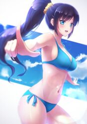  bikini black_hair blue_bikini blue_eyes breasts commentary_request fal_(fal-se-0) female highres long_hair medium_breasts original pointing ponytail solo swimsuit 