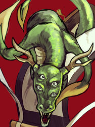  2017 3:4 4_eyes aged_one ambiguous_gender angry antlers asian_mythology belly_scales black_eyes countershade_torso countershading digital_media_(artwork) digital_painting_(artwork) dragon east_asian_mythology eastern_dragon end_roll feral green_body green_scales green_tail horn long_tail looking_at_viewer multi_eye multicolored_body multicolored_scales mythological_creature mythological_scalie mythology red_background roaring scales scalie scroll segawa_(games) serpentine sharp_teeth simple_background snout solo tail teeth tentacle two_tone_body two_tone_scales wall_scroll white_body white_countershading white_horn white_scales 牧野めね 