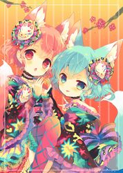  1boy :o :p animal_ears bad_id bad_pixiv_id bare_shoulders blue_eyes blue_hair blush border branch brother_and_sister chains chestnut_mouth choker dorothy_west female flower fox_ears fox_mask fox_shadow_puppet fox_tail frilled_kimono frilled_legwear frilled_sleeves frills from_side gradient_background hair_ornament holding japanese_clothes kemonomimi_mode kimono knee_up lace lace-trimmed_choker lace_trim light_particles lipstick_mark long_sleeves looking_at_viewer mask mole mole_under_eye nekoto_rina off_shoulder open_mouth orange_background otoko_no_ko pink_eyes pink_hair plum_blossoms pretty_series pripara red_legwear reona_west short_hair siblings skull_and_crossbones smile striped striped_background tail tongue tongue_out twins vertical_stripes wide_sleeves 