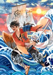  1boy bird black_hair blue_sky boat brown_eyes cloud commentary_request full_body getiao katana looking_to_the_side male_focus mutsu-no-kami_yoshiyuki oar open_mouth outdoors ponytail sandals seigaiha ship sky solo sun sword tattoo touken_ranbu water watercraft waves weapon wide_sleeves 