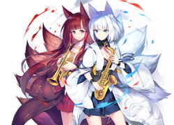  2girls akagi_(azur_lane) animal_ears azur_lane black_kimono blue_eyes blue_skirt blunt_bangs brown_eyes brown_hair commentary_request cowboy_shot eyeliner eyeshadow fox_ears fox_tail gloves hakama hakama_short_skirt hakama_skirt instrument japanese_clothes kaga_(azur_lane) kimono kitsune long_hair makeup multiple_girls multiple_tails partially_fingerless_gloves red_eyes rei_(rei&#039;s_room) saxophone short_hair simple_background skirt smile tail tenor_saxophone trumpet white_background white_hair white_kimono wide_sleeves 