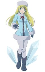  alternate_costume arc_the_lad blonde_hair blue_eyes boots bow bowtie breasts character_request closed_mouth coat commentary_request dress female full_body fur_hat fur_trim hat ice long_hair long_sleeves looking_at_viewer pantyhose smile solo standing surume_(surume_8738) walking white_background winter_clothes 