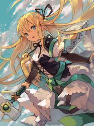  black_ribbon blonde_hair blue_eyes blue_sky chobi_(sakuyasakuhana) cloud commentary_request day female floating_hair hair_between_eyes hair_ribbon highres holding holding_sword holding_weapon long_hair neck_ribbon open_mouth outdoors ribbon skirt sky solo sword very_long_hair weapon white_skirt yggdra_union yggdra_yuril_artwaltz 