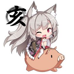  ;d animal animal_ear_fluff animal_ears azur_lane bad_id bad_pixiv_id bandaged_arm bandages black_gloves black_kimono blush boar breasts chibi chinese_zodiac collar collarbone female fingerless_gloves floral_print gloves grey_hair highres japanese_clothes kimono long_hair medium_breasts navel new_year oerba_yun_fang one_eye_closed one_side_up open_clothes open_kimono open_mouth outstretched_arm pleated_skirt pointing print_kimono print_thighhighs red_collar red_eyes red_skirt riding riding_boar sarashi sasakura_momiji short_eyebrows simple_background skirt smile solo tail thick_eyebrows thighhighs unmoving_pattern v-shaped_eyebrows very_long_hair white_background white_thighhighs wolf_ears wolf_girl wolf_tail year_of_the_pig yuudachi_(azur_lane) yuudachi_(shogun_of_snowballs)_(azur_lane) 