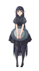  black_hair black_legwear black_stockings elf female full_body high_heels isekai_shokudou kuro_(isekai_shokudou) long_hair maid monster_girl solo tray very_long_hair waitress yellow_eyes 