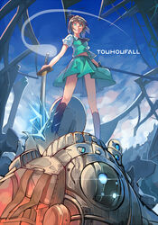  1other atlas_(titanfall) blue_eyes commentary_request crossover damaged female glowing glowing_eyes grey_hair hairband highres holding holding_sword holding_weapon hunxiao_xingshuang konpaku_youmu konpaku_youmu_(ghost) machinery md5_mismatch mecha resolution_mismatch robot science_fiction short_hair source_smaller sword titan_(titanfall) titanfall titanfall_(series) touhou weapon 