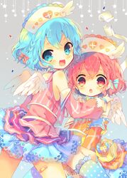  1boy :3 :d :o armband bad_id bad_pixiv_id bandages bandaid bandaid_on_leg blue_eyes blue_hair blue_legwear blush bow braid brother_and_sister clothing_cutout detached_sleeves dorothy_west feathered_wings female frilled_legwear from_behind hairbow hand_on_another&#039;s_shoulder hat heart heart_cutout kneehighs layered_skirt long_sleeves looking_at_viewer looking_back mole mole_under_eye nekoto_rina nurse_cap oerba_yun_fang open_mouth otoko_no_ko pill pink_eyes pink_hair polka_dot polka_dot_legwear pretty_series pripara reona_west short_hair siblings side_braid skirt smile socks star_(symbol) twins white_wings wings 