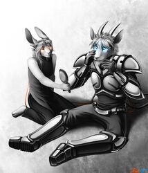  2015 abstract_background android anthro armor avalenna blue_eyes clothed clothing conditional_dnp digital_media_(artwork) dress duo faraden female fur hair hi_res lagomorph legacy_(ratte) leporid machine male mammal orange_eyes photon_(ratte) pure_faraden rabbit ratte ratteguhn ratteguhncat robot simple_background smile temperate_rainforest_ratteguhn white_body white_fur white_hair 