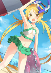  absurdres arm_up armpits bare_arms bare_shoulders blonde_hair blush cloud commentary_request day diving_mask diving_mask_on_head dutch_angle female goggles goggles_on_head highres horizon innertube kantai_collection legs_apart long_hair looking_at_viewer low_twintails max_melon navel o-ring o-ring_top ocean open_mouth outdoors satsuki_(kancolle) skirt sky smile snorkel solo standing swim_ring swimsuit twintails umbrella very_long_hair water yellow_eyes 