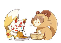  aburaage bad_id bad_pixiv_id crossover eating food food_on_face fox houhou_(black_lack) konnosuke no_humans shimogamo_yasaburou tanuki touken_ranbu uchouten_kazoku 