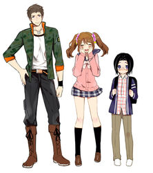  3boys backpack bag black_hair blush boots brown_hair camouflage cardigan closed_eyes commentary_request cross-laced_footwear full_body glasses hair_ornament hair_scrunchie hand_on_own_hip hands_on_own_cheeks hands_on_own_face height_difference hoshimaru_daichi idolmaster idolmaster_side-m knee_boots kneehighs loafers looking_at_another looking_at_viewer male_focus mizushima_saki multiple_boys okamura_nao otoko_no_ko photoshop_(medium) pink_cardigan plaid plaid_skirt purple_hair school_uniform scrunchie shingen_seiji shoes simple_background skirt socks star_(symbol) star_hair_ornament twintails white_background 