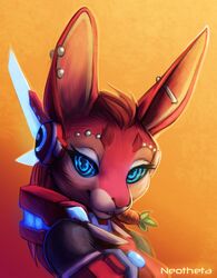  2016 anthro closed_(disambiguation) ear_piercing electronics female hair headphones lagomorph leporid mammal neotheta orange_background piercing rabbit red_hair simple_background solo 