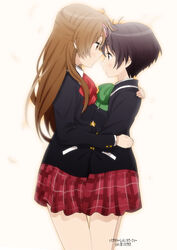  2girls black_hair brown_eyes brown_hair chuunibyou_demo_koi_ga_shitai! commentary_request eye_contact half_updo hug icho_private_high_school_uniform long_hair looking_at_another multiple_girls nibutani_shinka photoshop_(medium) red_eyes revision school_uniform short_hair tsuyuri_kumin yamasaki_wataru yuri 