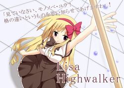  blonde_hair brown_dress character_name dress female female hairband juuoumujin_no_fafnir lisa_highwalker long_hair pink_eyes pixiv_thumbnail red_bow sira solo 