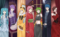  2014 2boys 5girls absurdres aku_no_musume_(vocaloid) akujiki_musume_conchita_(vocaloid) akutoku_no_judgement_(vocaloid) aqua_eyes aqua_hair artist_name ascot banica_conchita black_ribbon blonde_hair blood blood_stain blue_eyes blue_hair braid brown_hair clock clock_tower commentary corset creator_connection crop_top crossdraw_holster curtains detached_collar detached_sleeves dress enbizaka_no_shitateya_(vocaloid) english_commentary evillious_nendaiki fire flower frilled_dress frills gallerian_marlon green_eyes green_hair gumi gun hair_ribbon hand_fan handgun hatsune_miku highres japanese_clothes judge kagamine_rin kaito_(vocaloid) kamui_gakupo kimono long_hair looking_at_viewer maneodra margarita_blankenheim megurine_luka meiko_(vocaloid) midriff mirror money_gesture multiple_boys multiple_girls necktie nemesis_no_juukou_(vocaloid) nemesis_sudou nemurase_hime_kara_no_okurimono_(vocaloid) night night_sky outstretched_hand pink_hair ponytail purple_eyes purple_hair red_eyes revolver ribbon riliane_lucifen_d&#039;autriche rose sash sateriasis_venomania scissors seven_deadly_sins short_hair side_braid signature sky smile songover sudou_kayo throne tower twin_blades_of_levianta twintails venomania_kou_no_kyouki_(vocaloid) very_long_hair vessel_of_sin vocaloid weapon window 