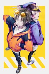  2boys alternate_costume black_footwear black_pants blue_eyes brown_hair eyewear_on_head from_above hair_behind_ear highres jacket looking_at_viewer looking_up male_focus mu_(wh25gk) multiple_boys mysta_rias nijisanji nijisanji_en open_mouth orange_jacket pants parted_bangs purple_eyes purple_jacket shoes shu_yamino smile sneakers sunglasses torn_clothes torn_pants track_pants v virtual_youtuber white_footwear 