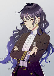  ahoge bad_id bad_pixiv_id belt belt_buckle black_hair black_suit brown_eyes buckle buttons circulatormai commentary crossed_arms dangle_earrings earrings emblem female fingernails flat_chest formal frilled_sleeves frills grey_background highres jewelry kashimoto_riko lips long_hair looking_at_viewer messy_hair pants pinstripe_pattern pinstripe_shirt pinstripe_suit shirt sidelocks simple_background solo striped suit tsurime umamusume very_long_hair wavy_hair white_shirt 