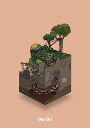  axe campfire commentary diorama gozz hanging highres isometric lever log olmec_head orange_background original rope stairs tree underground 