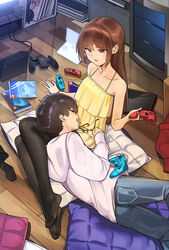  1boy absurdres bare_arms bare_shoulders bedroom black-framed_eyewear black_legwear black_pantyhose breasts brown_eyes brown_hair collarbone commentary controller dress feet female fingernails full_body game_console game_controller glasses highres holding holding_controller holding_removed_eyewear indoors lap_pillow long_hair lu_(yewang19) nintendo_switch no_shoes original pantyhose pillow sitting skirt soles television unworn_eyewear yellow_dress yewang19 yu_xuan_(yewang19) 