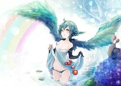  blue_hair chobi_(sakuyasakuhana) dress dress_lift female food fruit green_eyes off_shoulder panties rainbow road_to_dragons snail underwear water white_dress wings 