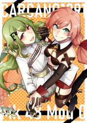  2girls alternate_costume aqua_eyes black_footwear black_gloves blush boots breasts brown_gloves brown_legwear carcano_m1891_(girls&#039;_frontline) character_name closed_mouth from_above garter_straps girls&#039;_frontline gloves green_hair hair_ornament hair_ribbon hairclip highres holding_hands long_hair looking_at_viewer medium_breasts military military_uniform mk48_(girls&#039;_frontline) multiple_girls nakiusagi open_mouth pink_hair red_eyes red_shorts ribbon shorts simple_background single_glove smile standing standing_on_one_leg thighhighs uniform white_uniform 