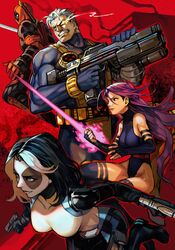  2boys 2girls belt_pouch black_hair blue_eyes bodysuit breasts cable_(marvel) cleavage collarbone deadpool deadpool_(series) domino_(marvel) dual_wielding elbow_gloves gloves gun handgun holding holding_gun holding_weapon holster hungry_clicker large_breasts leg_belt leotard lipstick looking_up makeup marvel mask multiple_boys multiple_girls muscular pale_skin pouch psylocke purple_gloves purple_hair purple_legwear purple_leotard red_background red_sash sash short_hair skin_tight sword teeth thigh_holster thighhighs thighs toned weapon weapon_on_back white_hair 