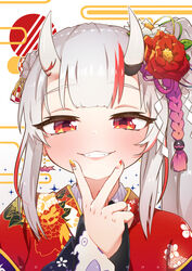  absurdres blush dot_nose fangs female floral_print flower grey_hair grin hair_flower hair_ornament hair_over_one_eye hand_up highres hololive horns japanese_clothes kimono long_hair long_sleeves looking_at_viewer mountain_han multicolored_hair multicolored_nails nail_art nail_polish nakiri_ayame nakiri_ayame_(new_year) naughty_face official_alternate_costume red_eyes red_flower red_hair red_kimono skin-covered_horns smile solo streaked_hair upper_body v_over_mouth virtual_youtuber white_flower wide_sleeves 