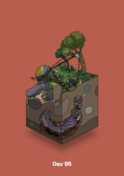  absurdres boned_meat campfire climbing commentary diorama food gozz highres isometric meat monster no_humans oil olmec_head original purple_eyes red_background rope torch tree 