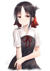  black_dress black_hair closed_mouth dress female fujimori_shiki hair_between_eyes hair_ornament highres kaguya-sama_wa_kokurasetai_~tensai-tachi_no_renai_zunousen~ looking_at_viewer neck_ribbon pinafore_dress red_eyes red_ribbon ribbon school_uniform shinomiya_kaguya short_hair short_sleeves shuuchiin_academy_school_uniform simple_background sleeveless sleeveless_dress solo standing summer_uniform tied_hair white_background white_sleeves 