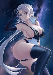  absurdres ass azur_lane bare_shoulders black_gloves black_thighhighs blue_eyes breasts cleavage closed_mouth elbow_gloves female gloves highres kronshtadt_(azur_lane) large_breasts long_hair looking_at_viewer night night_sky revision shigatsu_(4gate) sideboob sky solo star_(sky) starry_sky thighhighs thighs white_hair 