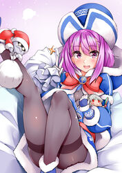  altera_(fate) ankh badge beanie blue_coat blue_dress blue_footwear blue_gloves blue_hat blush boots bow breasts coat colonel_olcott_(fate) dress fate/extella fate/extra fate/grand_order fate/grand_order_arcade fate_(series) female fur-trimmed_coat fur-trimmed_dress fur_trim gloves grey_pantyhose hat helena_blavatsky_(christmas)_(fate) helena_blavatsky_(fate) highres large_bow leg_up long_sleeves looking_at_viewer open_mouth pantyhose purple_eyes purple_hair red_bow sack sezok short_hair sitting small_breasts smile solo stuffed_toy thighband_pantyhose thighs 