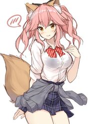  animal_ear_fluff animal_ears arm_behind_back blue_skirt blush bow bowtie bra brown_eyes closed_mouth clothes_around_waist collared_shirt commentary_request cowboy_shot fate/extella fate/extra fate_(series) female fox_ears fox_tail hand_up jacket jacket_around_waist long_sleeves looking_at_viewer official_alternate_costume pink_hair pleated_skirt red_bow red_bowtie see-through see-through_shirt shirt simple_background skirt smile solo spoken_blush standing tail tamamo_(fate) tamamo_no_mae_(fate/extra) tamamo_no_mae_(jk)_(fate) twintails underwear white_background white_shirt wing_collar xe_(execut3r) 